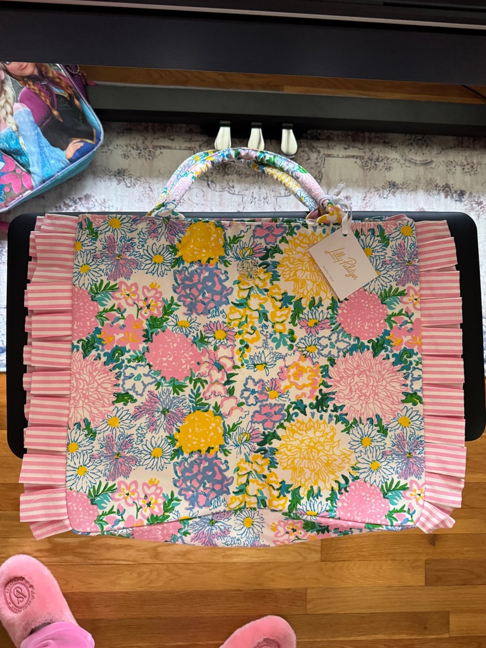 NWT Lilly Pulitzer Ruffle Multicolor Floral Garden Tote bag Pink Yellow Blue New